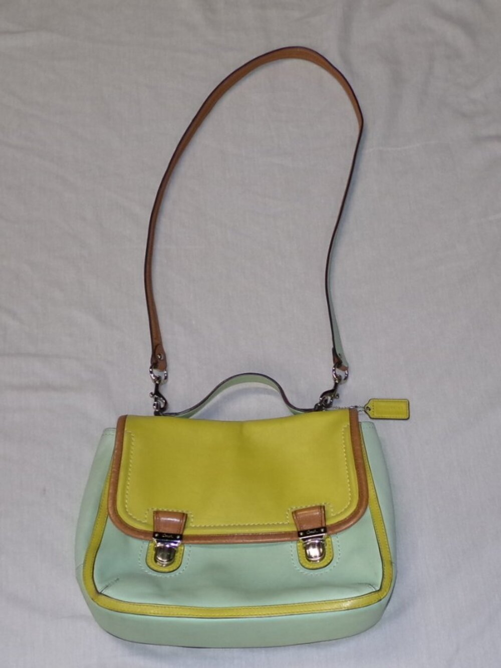 Coach Dylan Green Yellow Colorblock Leather Satchel Crossbody Bag Purse